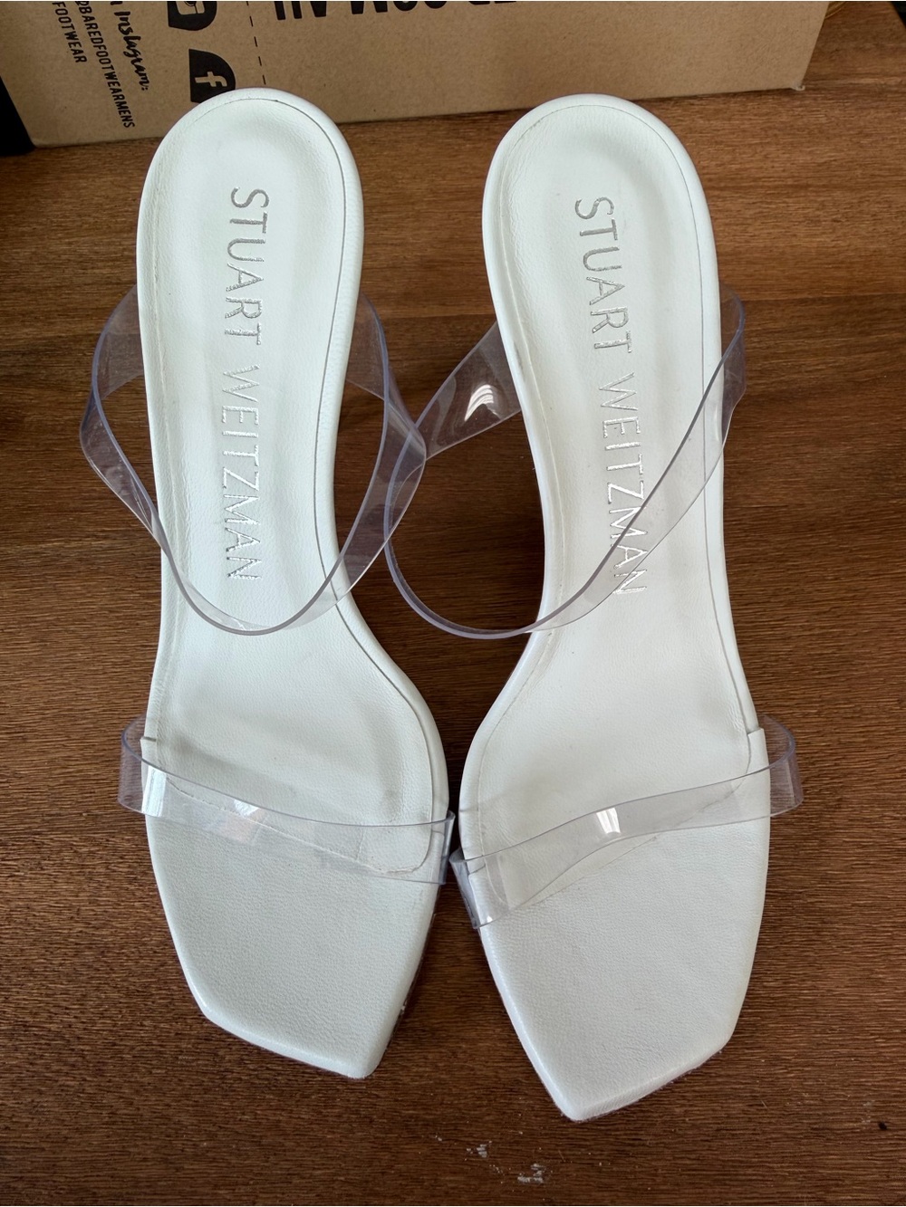 Stuart Weitzman White Slide Sandals with Clear Straps